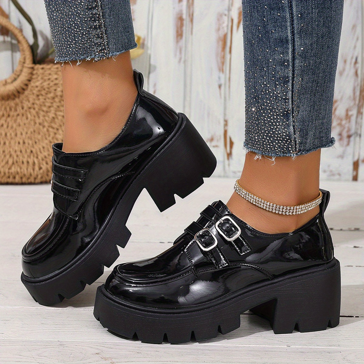 Women's Black Platform Loafers with Chunky Heel and Round Toe