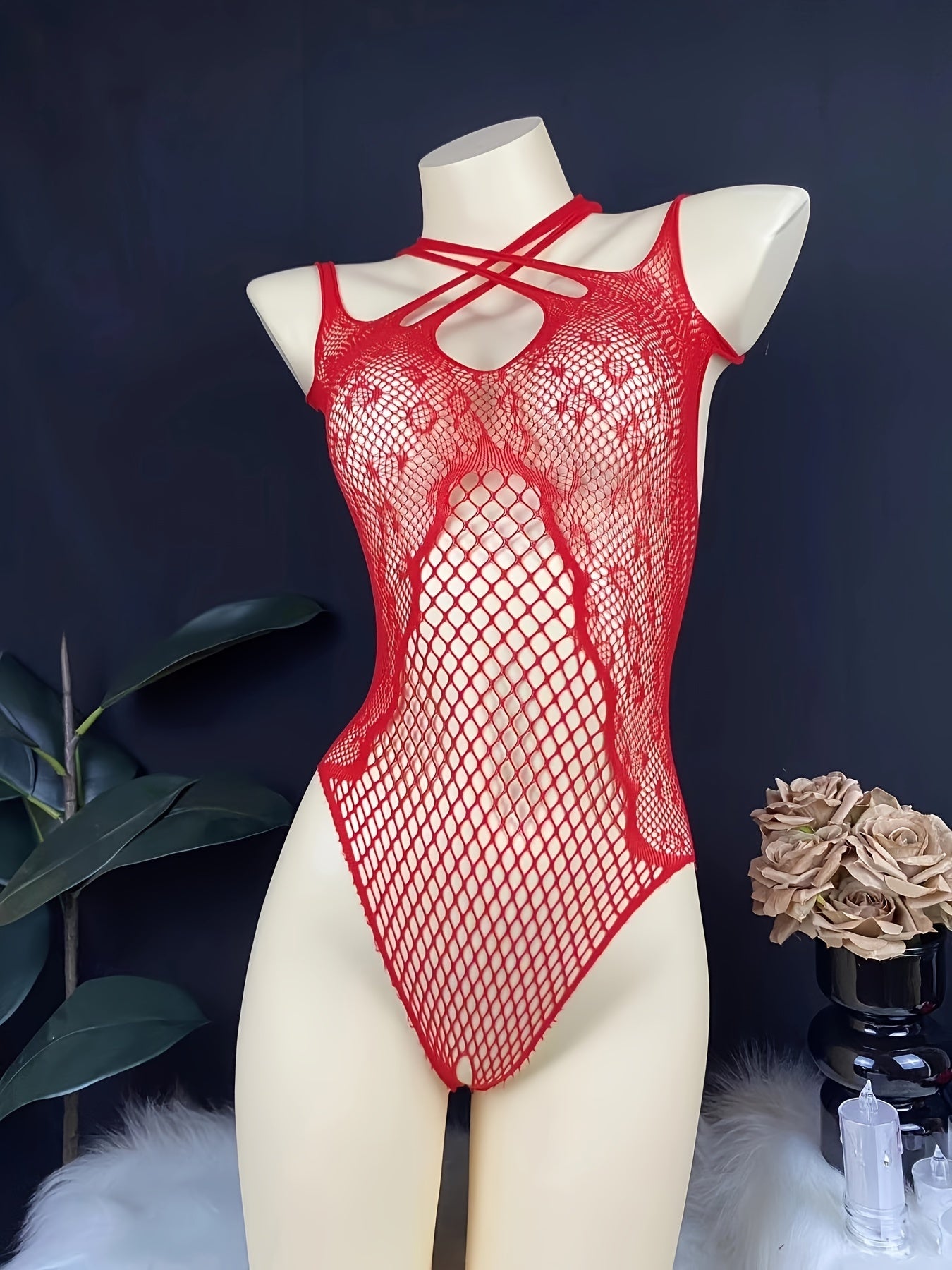 Women’s Red Lace Mesh Bodysuit with Hollow-Out Design and Cropped Fit