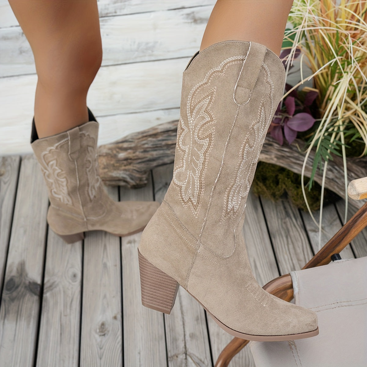 Women's Western Cowboy Boots Slip-On Floral Pattern Beige All-Season