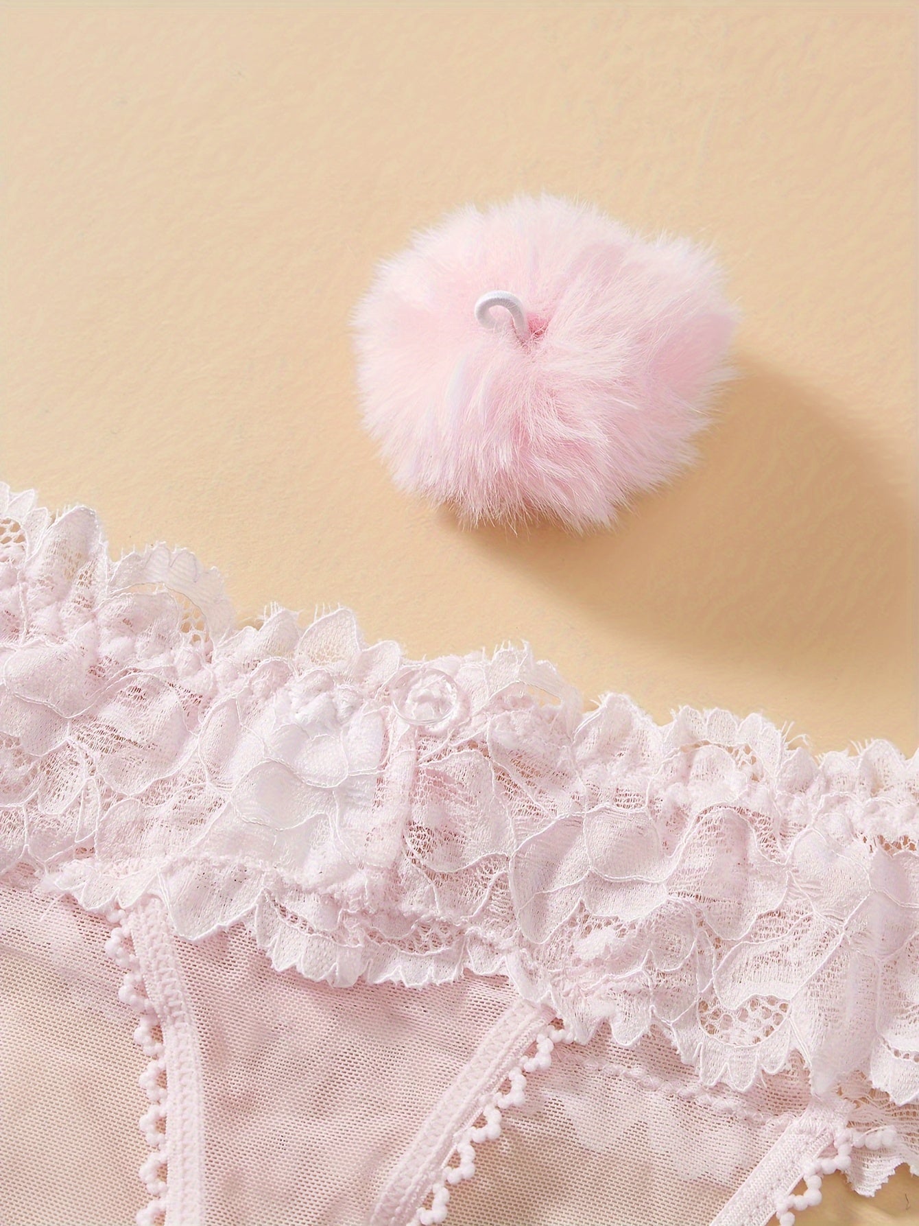 Women's Lace Panties with Removable Pom-Pom and Bunny Tail, Solid Color, Mid-Waist Polyester Lingerie