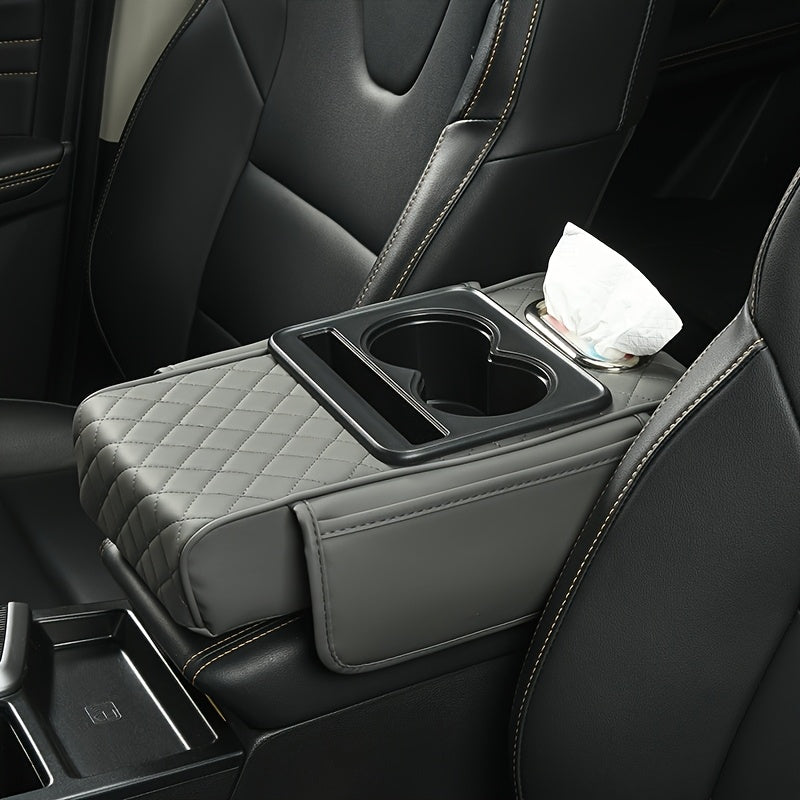 Faux Leather Car Armrest Storage Box Universal Fit All-Season Organizer for Water Cups Phones Tissues