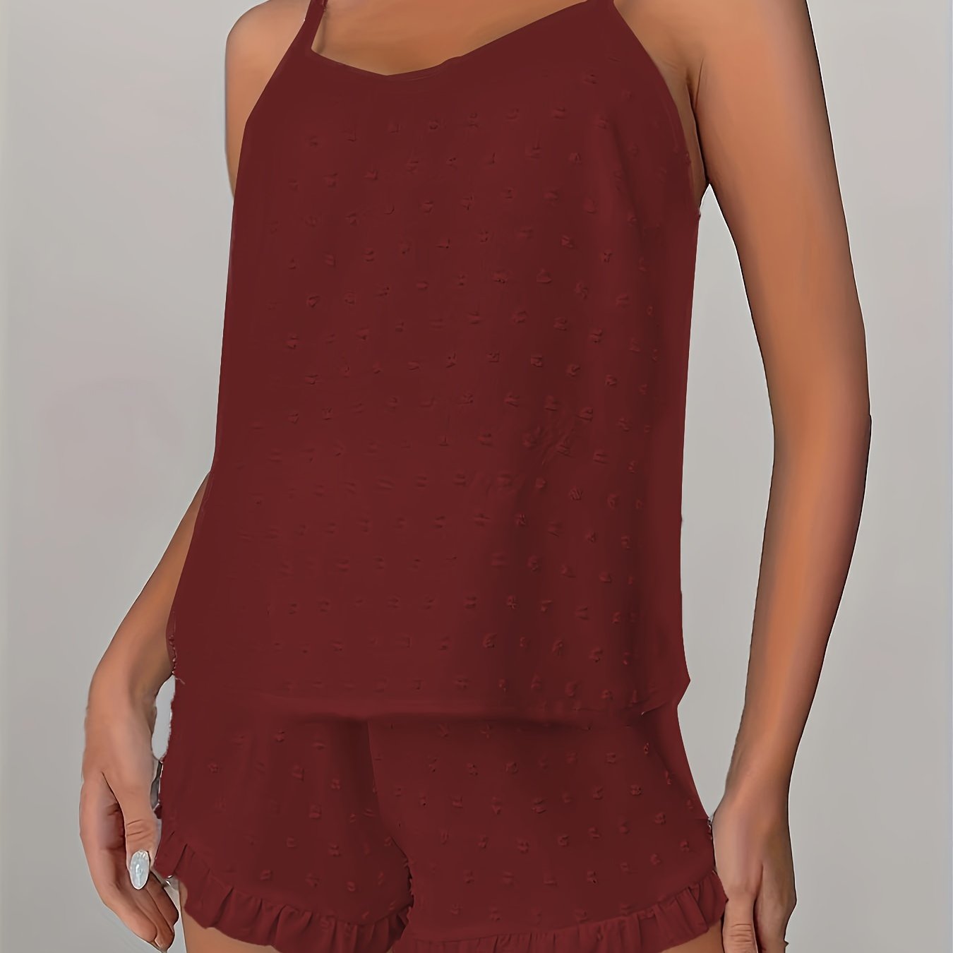 Women's Plus Size Lace Trim Cami Pajama Set Soft Polyester Solid Ruffled Sleepwear