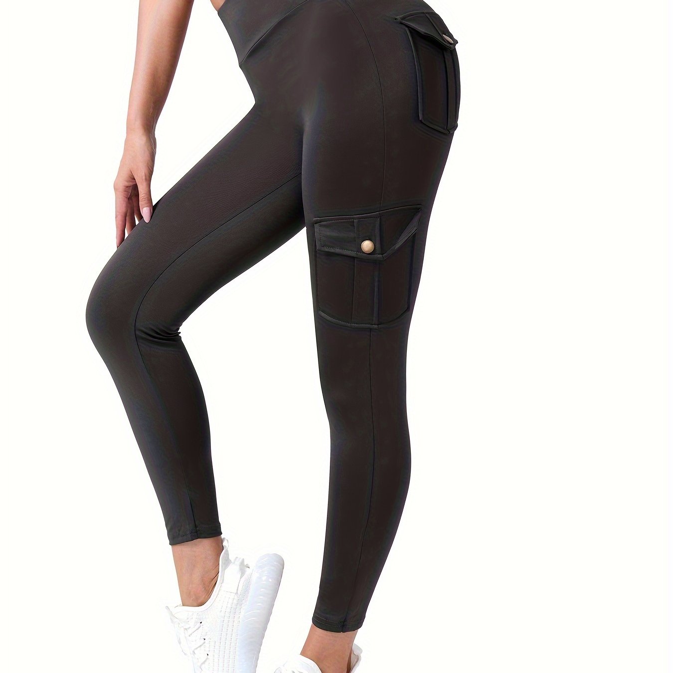 High Waist Leggings with Four Pockets Solid Color Mid Elasticity Knit Fabric for Women