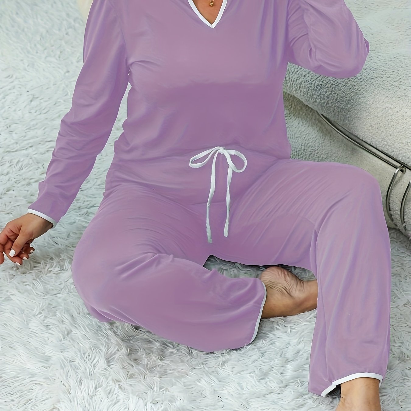 Plus Size Lounge Set Women Notched Neck Long Sleeve Tee & Lace Up Pants