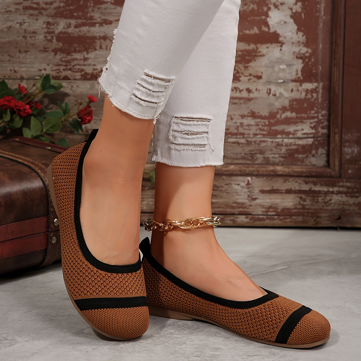 Women’s Breathable Knit Mary Jane Flats Casual Slip-On Shoes in Solid Color