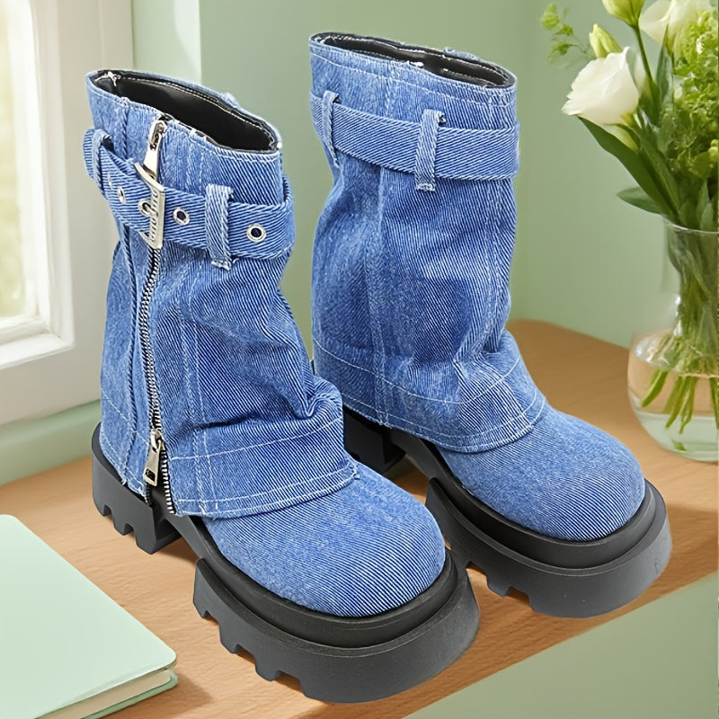 Women's Denim Mid-Calf Boots with Chunky Heel Rubber Sole Winter Comfort