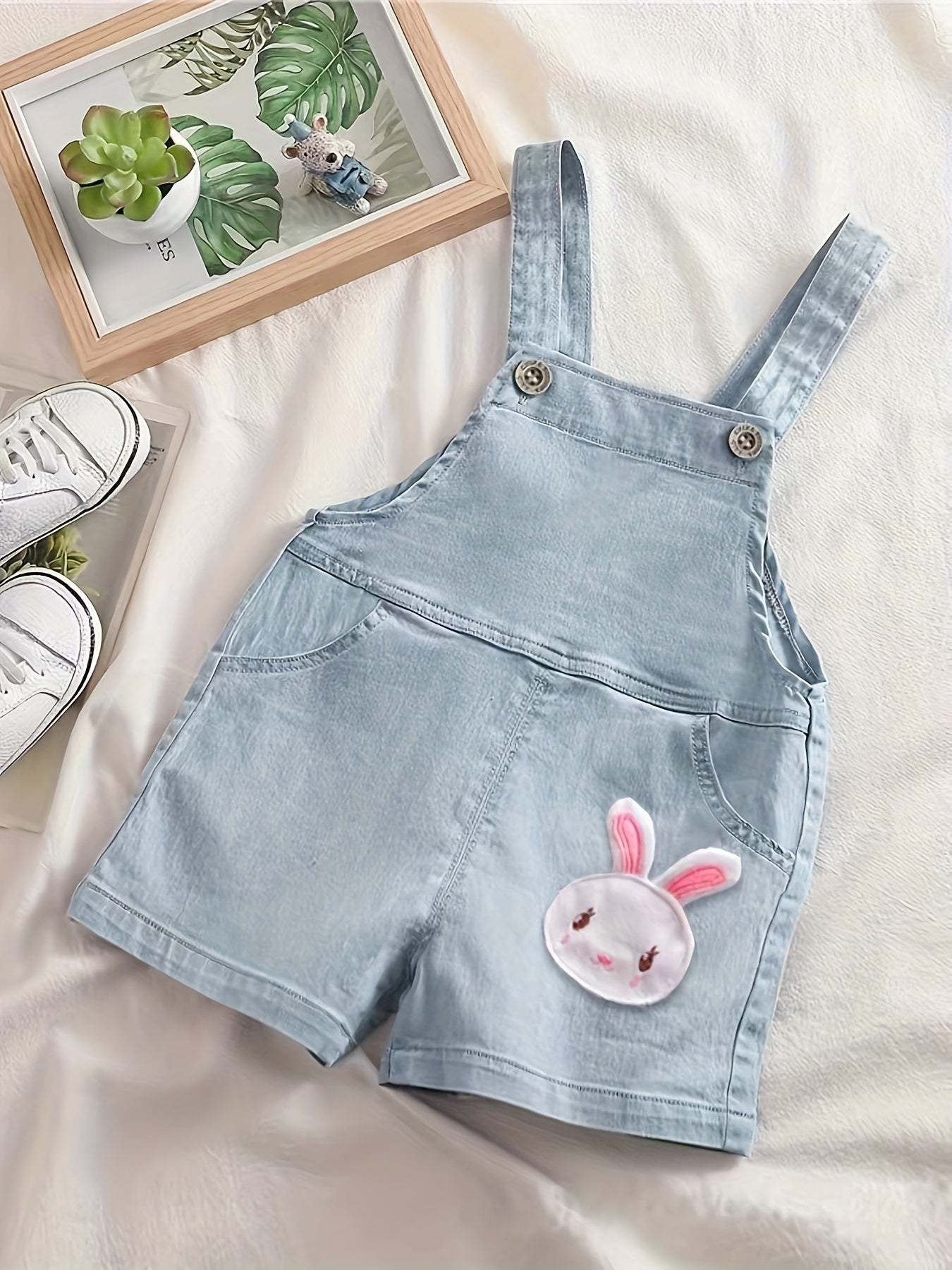 Baby Girls Denim Jumpsuit with Rabbit Patches Summer Cotton Blend Toddler Infant