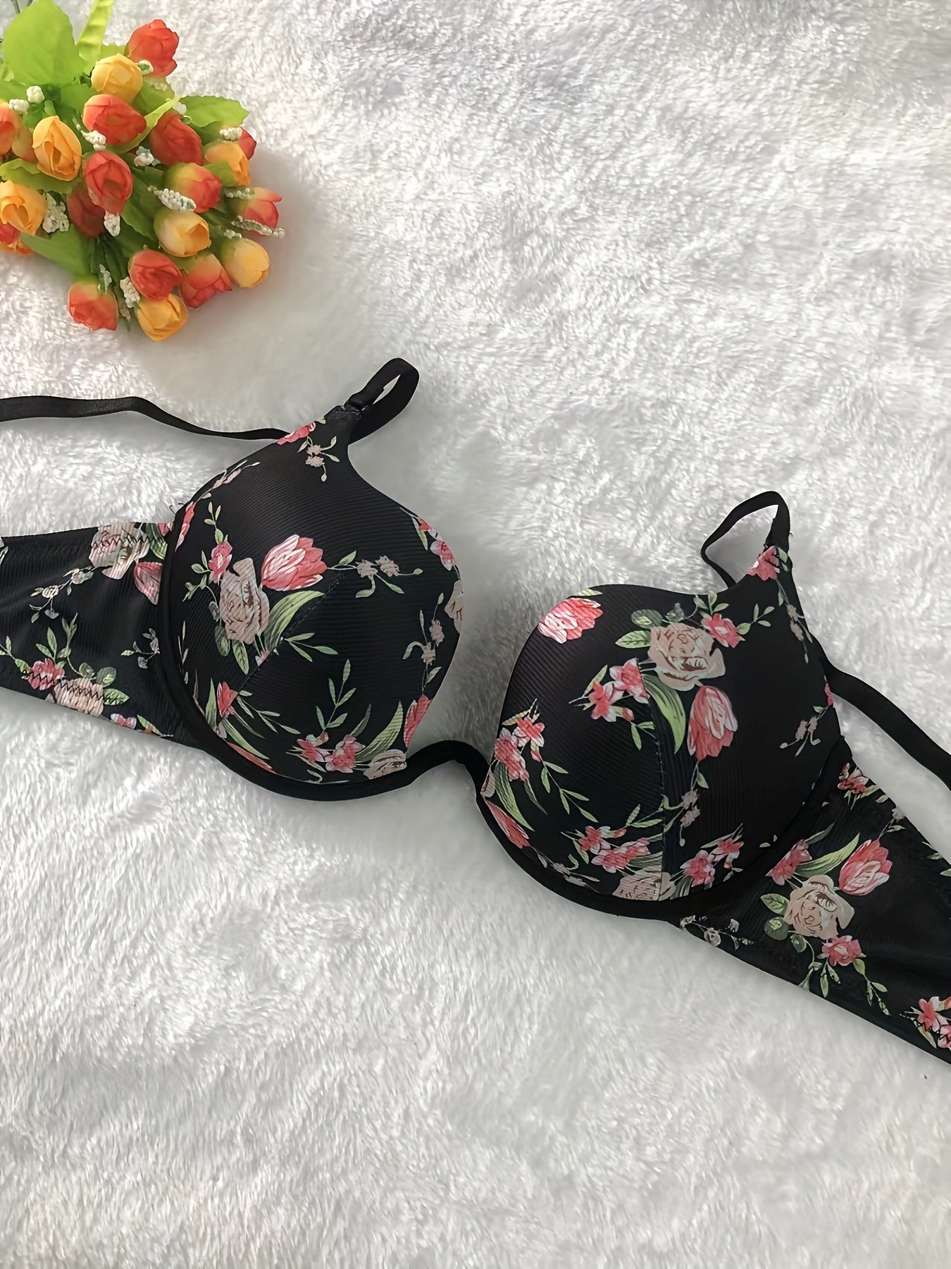Three Pack Floral Lingerie Bras for Adults Polyester Elastane Knit Fabric U-Shape Scoop Non-Removable Padding Underwire
