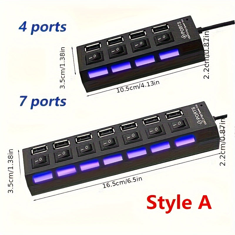 USB Hub with 4 or 7 Ports LED Light and Power Switch for PC Laptop