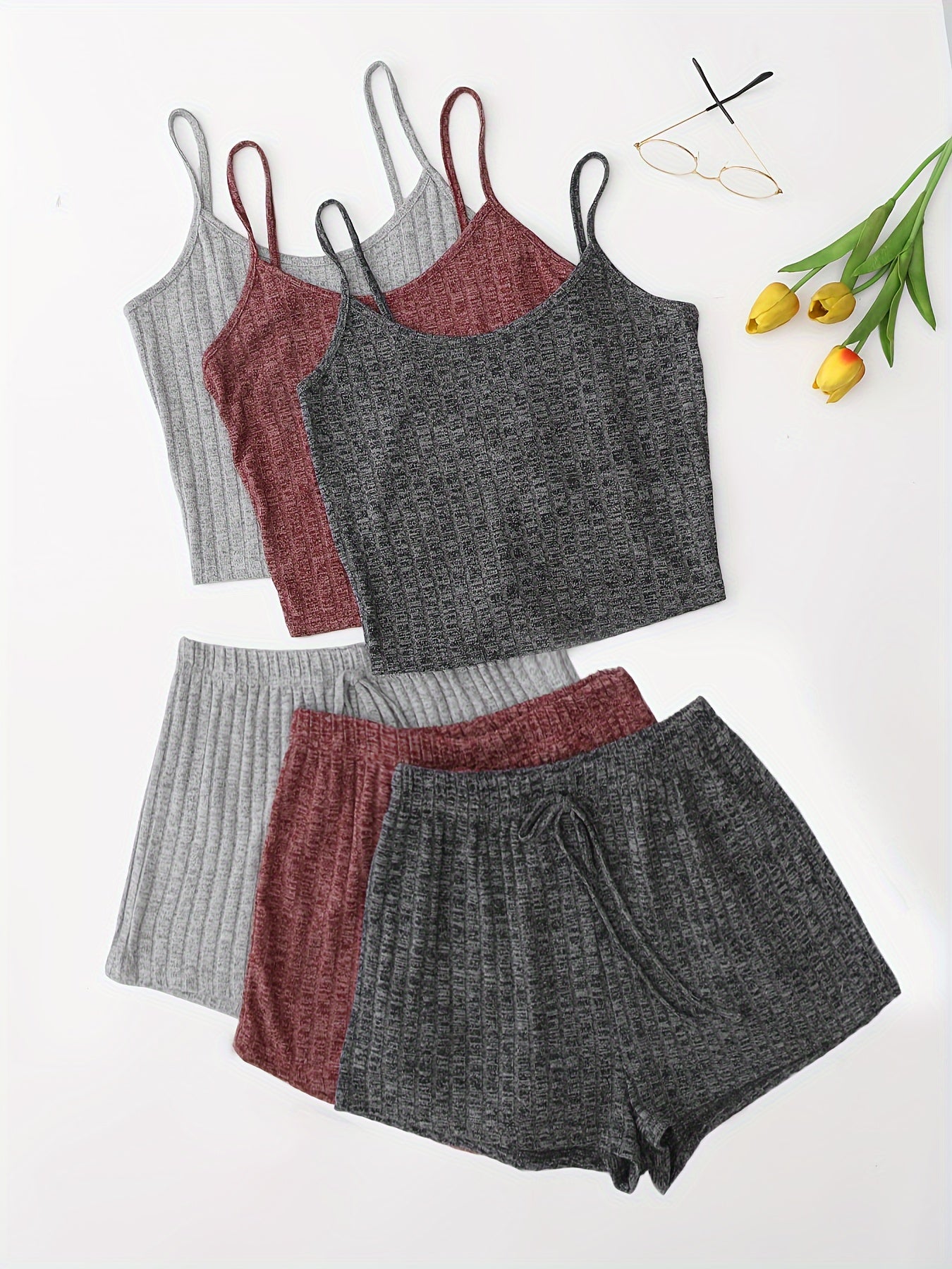 Women's 3-Piece Pajama Set Solid Cami Top Lace-Up Shorts Sleepwear Lounge Wear