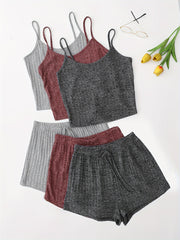 Women's 3-Piece Pajama Set Solid Cami Top Lace-Up Shorts Sleepwear Lounge Wear