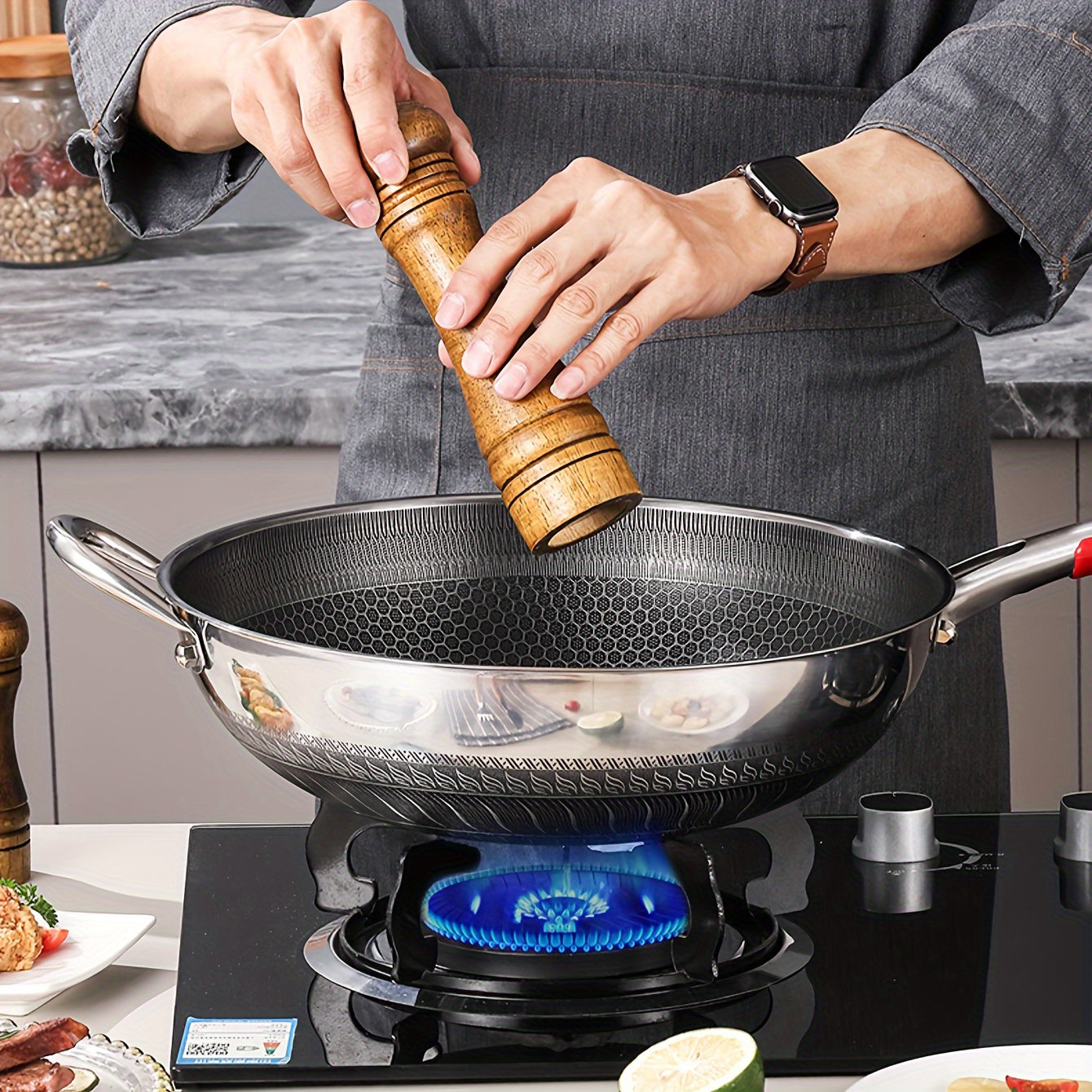 Stainless Steel Frying Pan 32cm 34cm Non-Stick Honeycomb Wok Induction Gas Stove