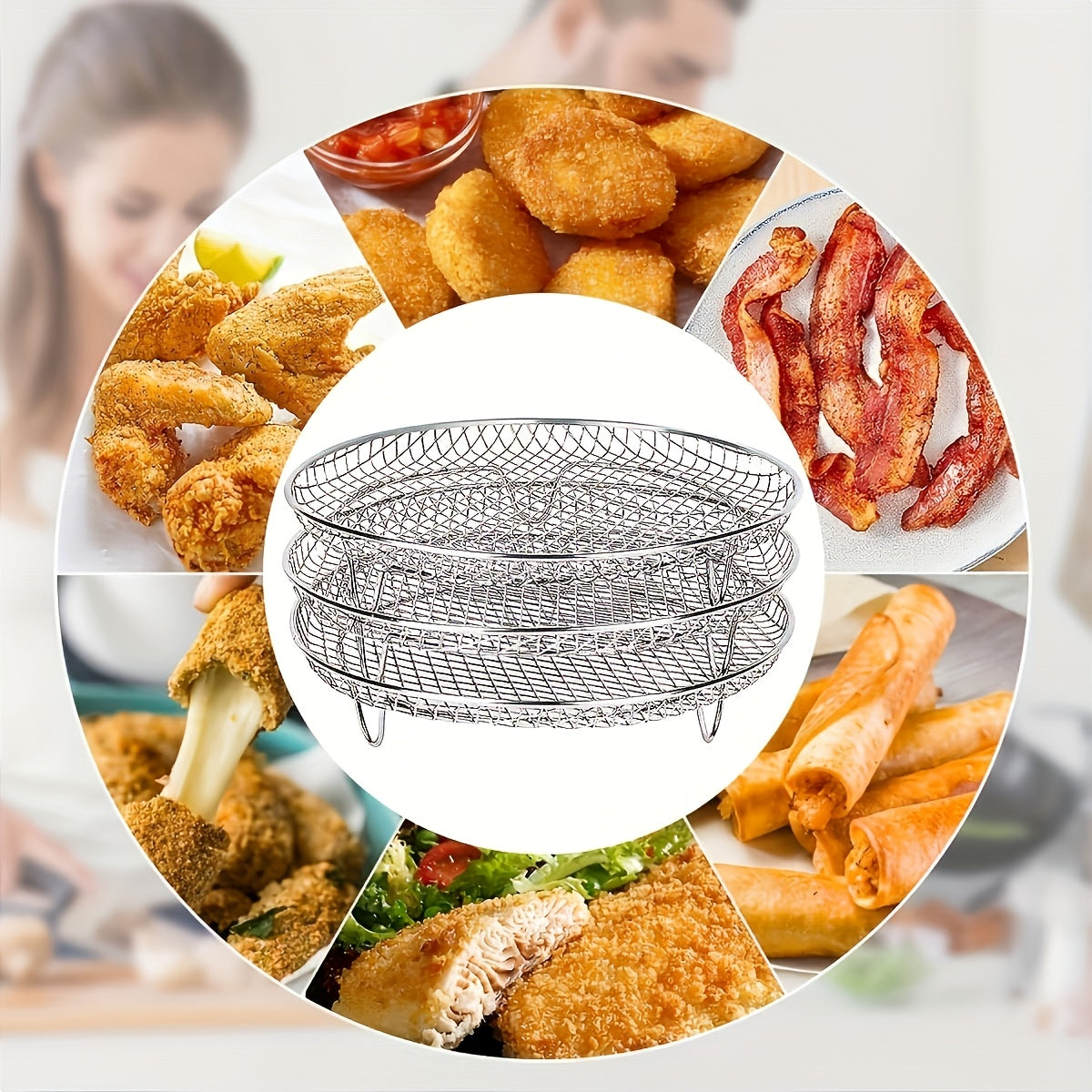 Havoni qovurish uchun stackable quritish racklari va savat tray - Uch qatlamni o'z ichiga oladi, idish-tovoq tozalash mashinasida yuvish mumkin bo'lgan aksessuarlar, ko'pchilik havoni qovurish, pech va bosimli pishirgichlar bilan mos keladi.