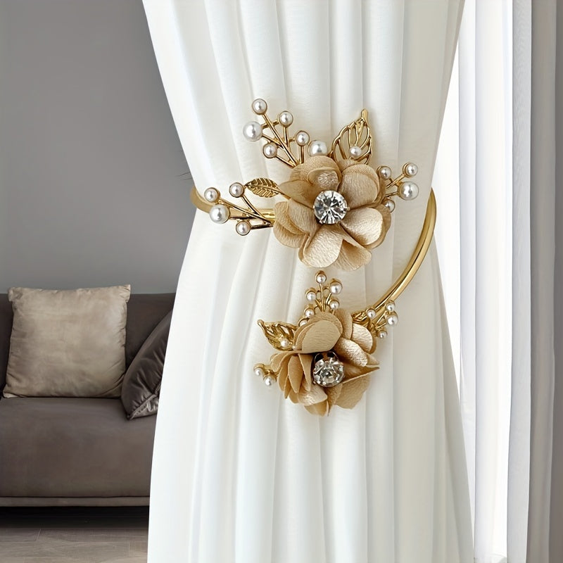 Metal Faux Pearl Curtain Holdback with 3D Flower Design for Bedroom Living Room Kitchen Office