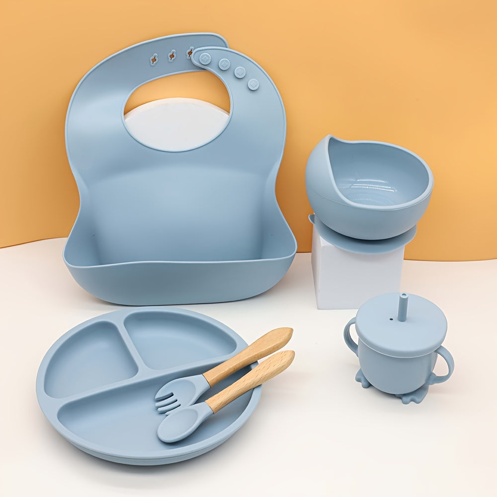 Baby Feeding Set 6 Pieces Silicone Tableware with Bowl Plate Cup Spoon Fork Red