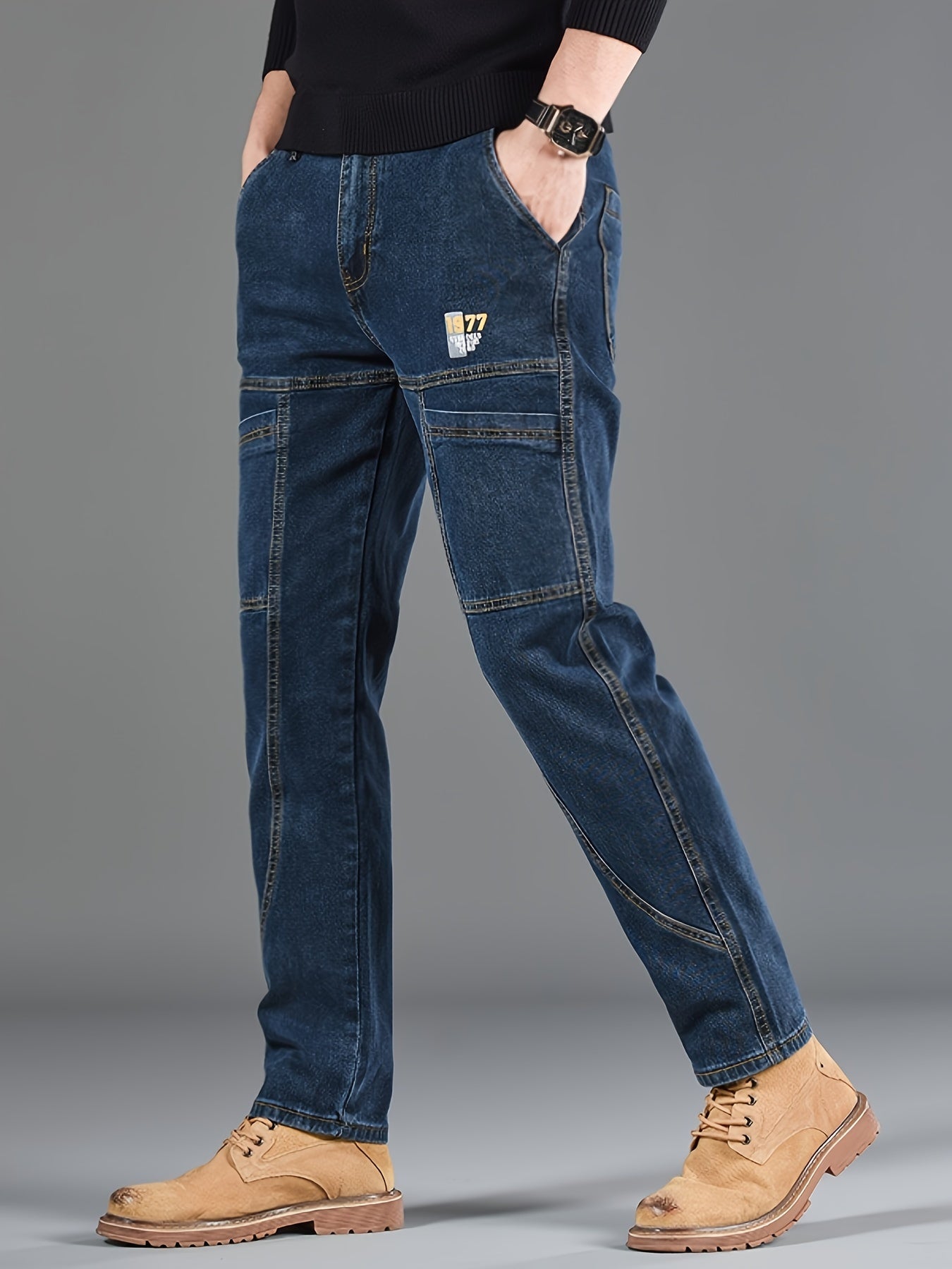 Men's Regular Fit Denim Jeans with Washed Print and Slight Stretch