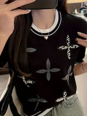 Women's Beaded Rhinestone Crew Neck Knit Top Short Sleeve Spring Summer Casual