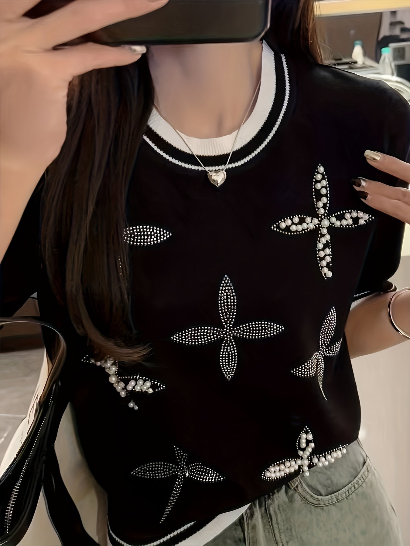 Women's Beaded Rhinestone Crew Neck Knit Top Short Sleeve Spring Summer Casual