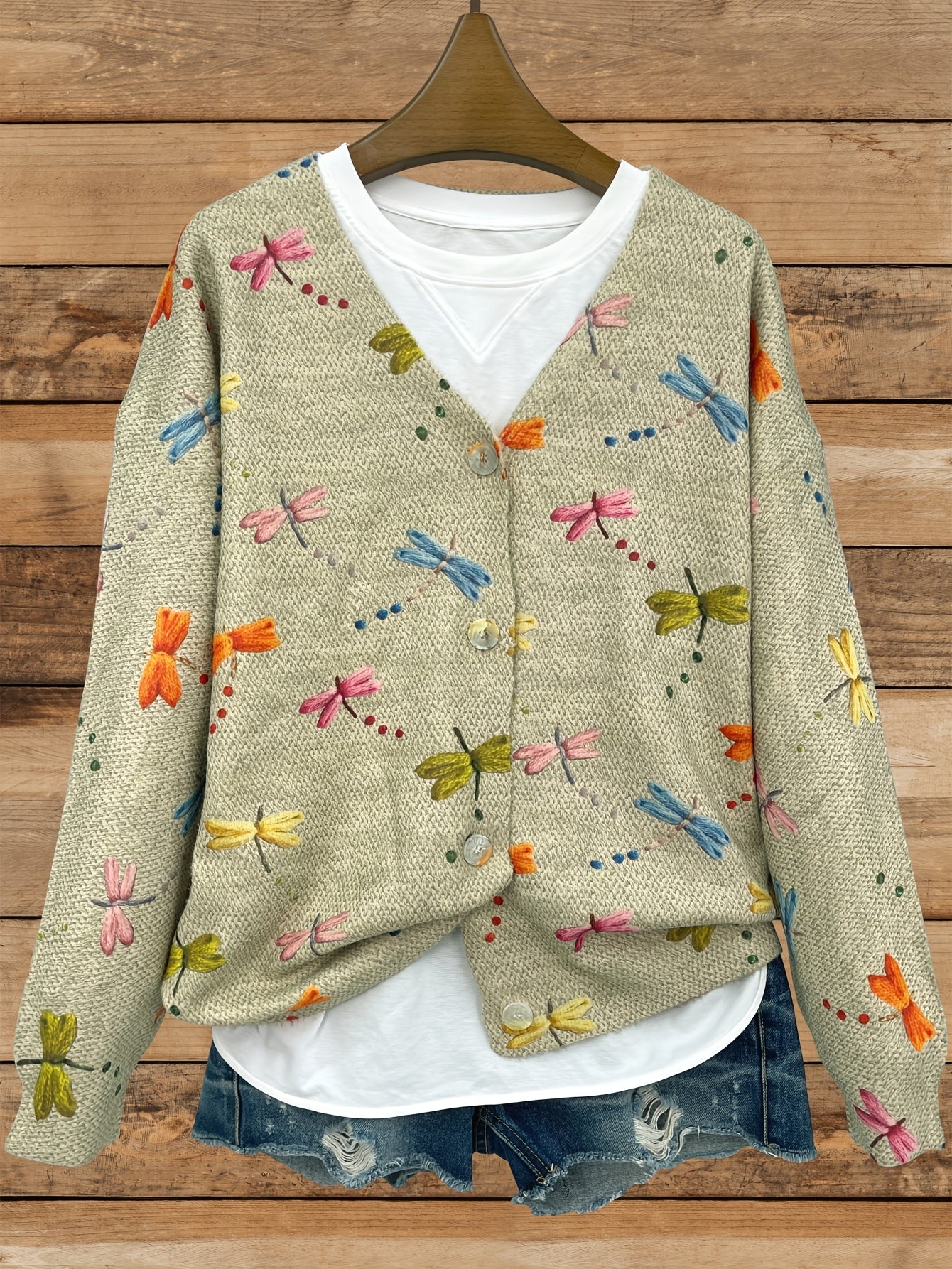 Plus Size Women's Printed Knitted Cardigan V-Neck Long Sleeve Colorful Dragonfly