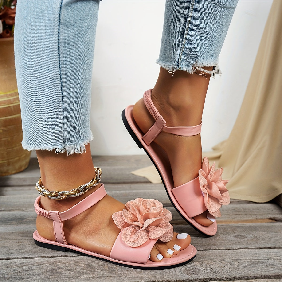 Women's Fashion Flat Strappy Sandals with Peony Flower Bohemian Beach Wear