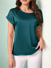 Short-Sleeve Polyester Crew Neck T-Shirt for Women Spring Summer Solid Color Elegant