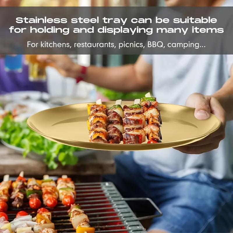 Набор из 4 десертных тарелок из нержавеющей стали диаметром 26,01 см, круглые сервировочные блюда, золотистые металлические подносы для салата, стейка