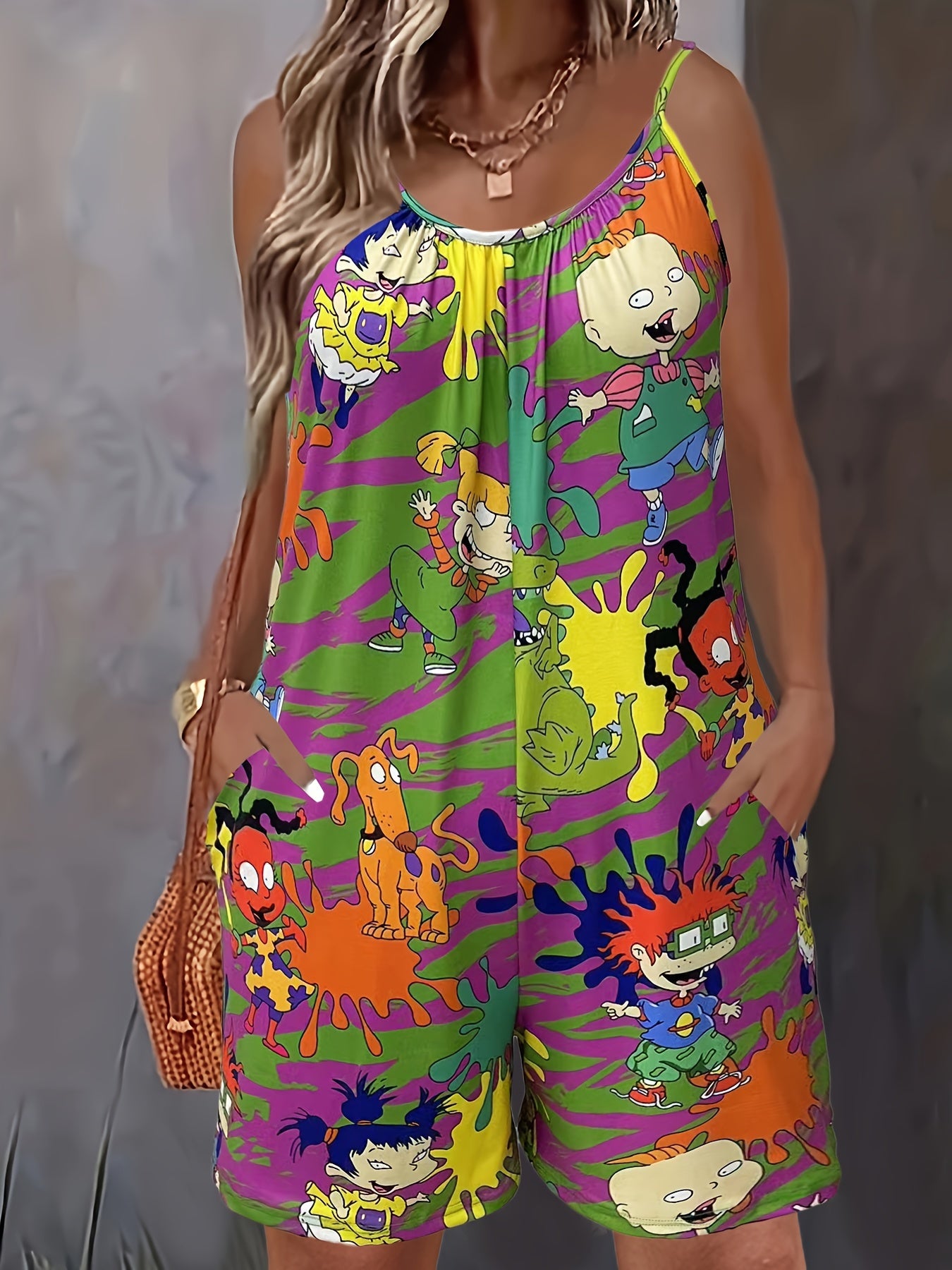 Plus Size Cartoon Print Slip Romper Casual Sleeveless Pockets Women