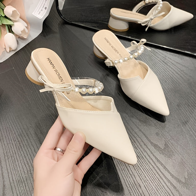 Women's Summer Mules with Faux Pearl Ankle Strap and Chunky Heel