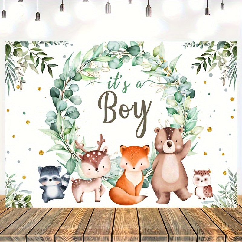Baby Shower Background for Boy with Green Garland Fox and Wild Animals