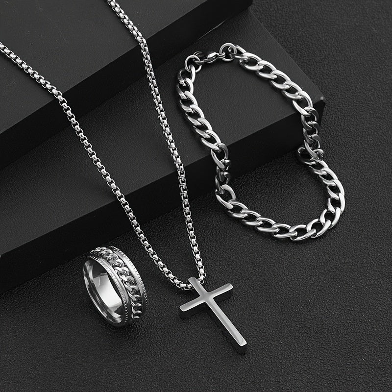 Set of 3 Stylish Cross Chain Necklaces with Rotating Stainless Steel Jewelry