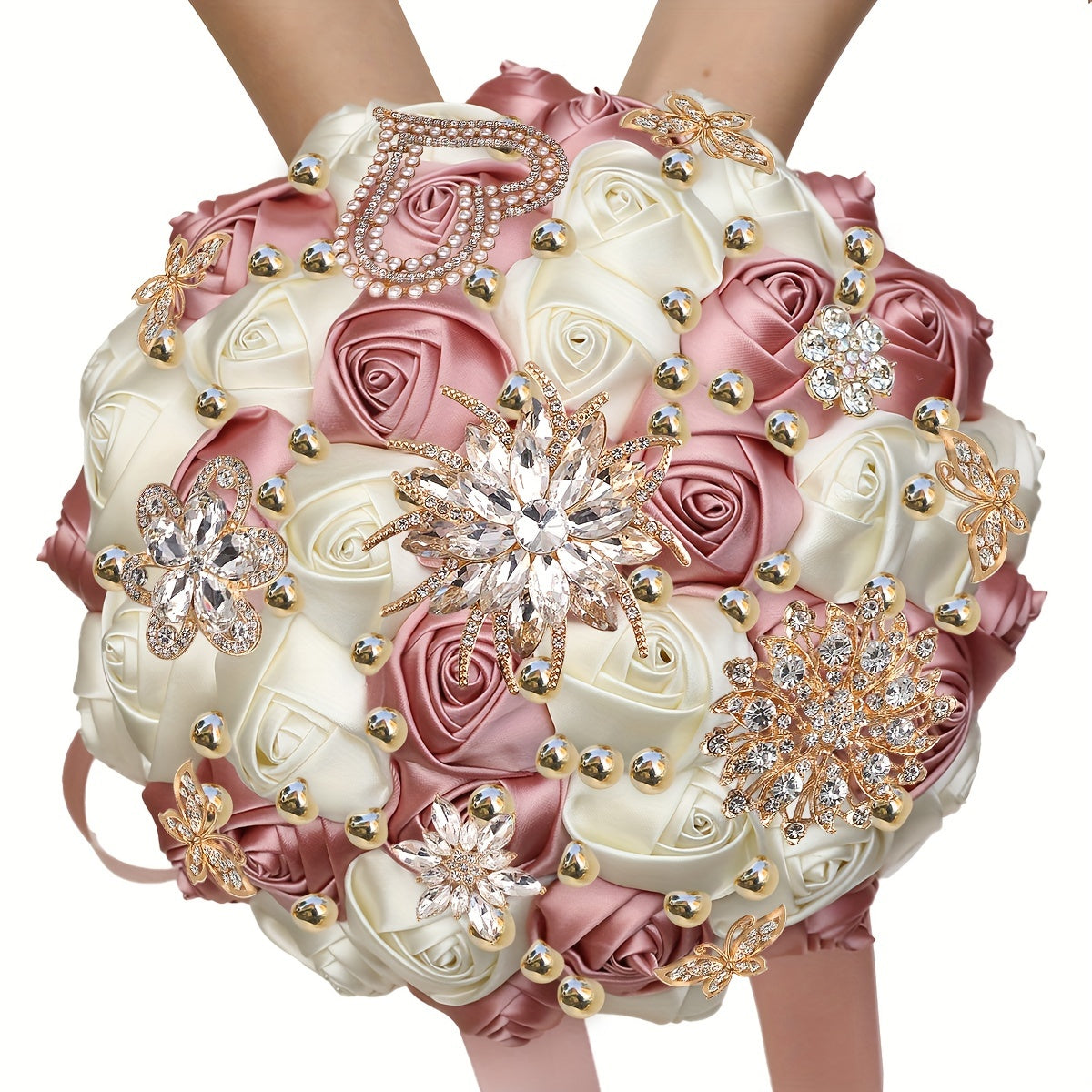 Qoʻlda tayyorlangan güllü toʻylik buketi, satinning gullari, rhinestonelar, marjon bezaklari, toʻy sovgʻasi