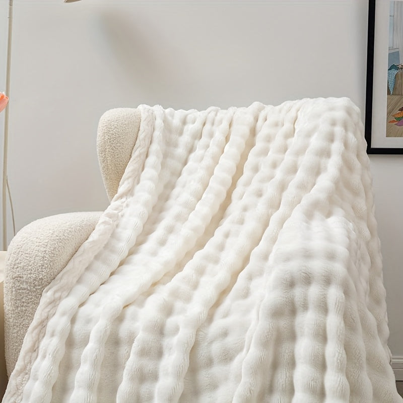 White Bubble Fleece Blanket 100% Polyester All-Season Cozy Throw for Living Room Bedroom Camping
