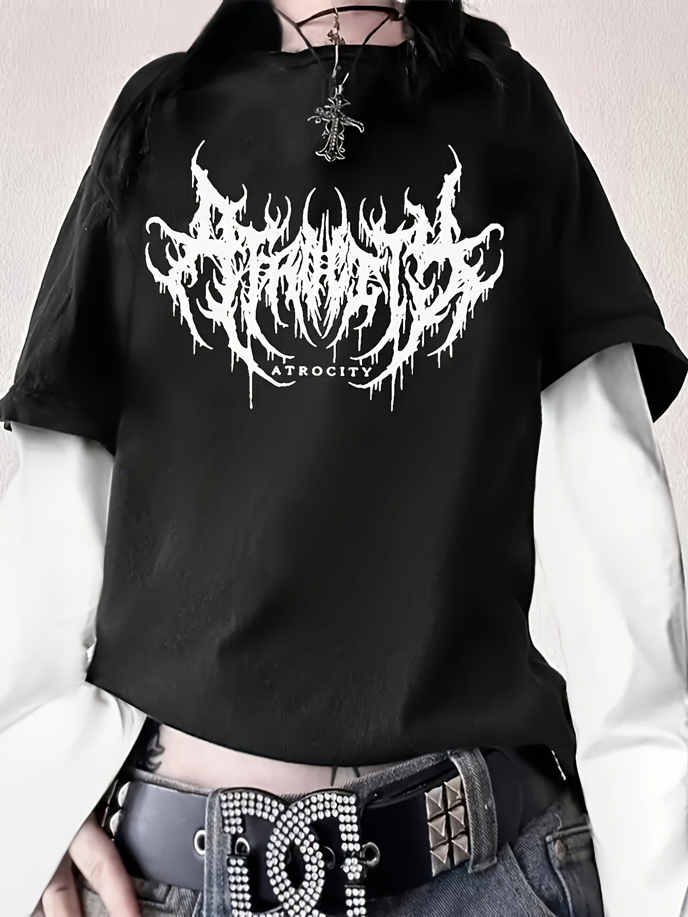 Women's Gothic Floral Print Long Sleeve T-Shirt with Crew Neck and Faux Layered Design