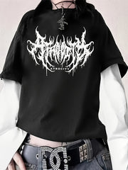 Women's Gothic Floral Print Long Sleeve T-Shirt with Crew Neck and Faux Layered Design