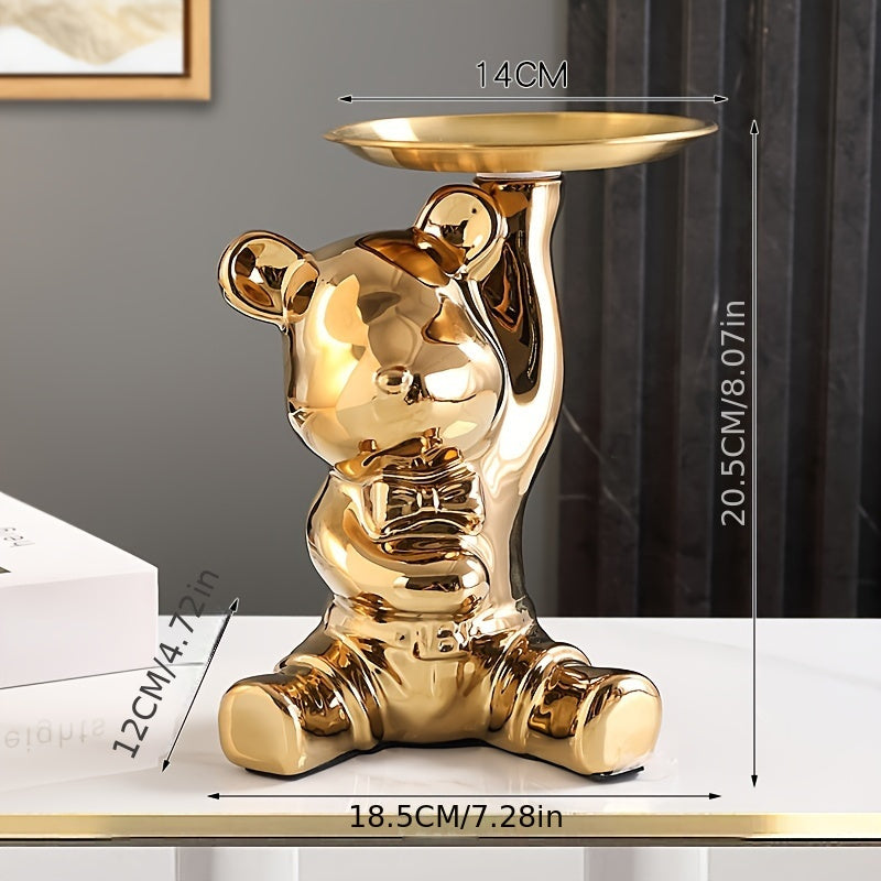 Ceramic Bear Figurine with Metal Tray Modern Home Decor Key Organizer
