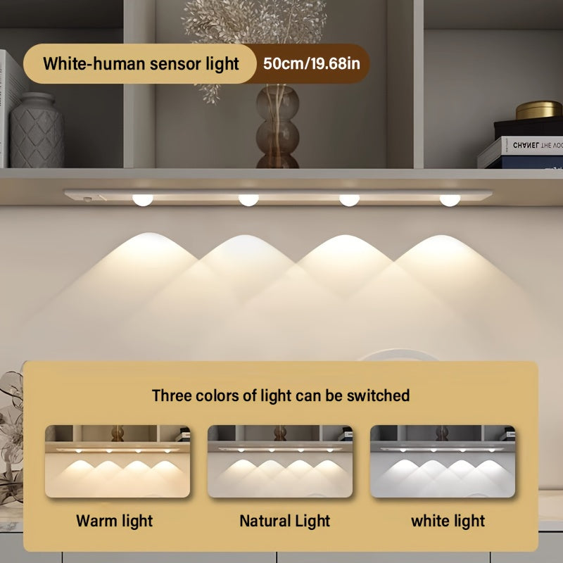 Rechargeable LED Strip Lights with Motion Sensor, 3-Color Dimming, USB Powered