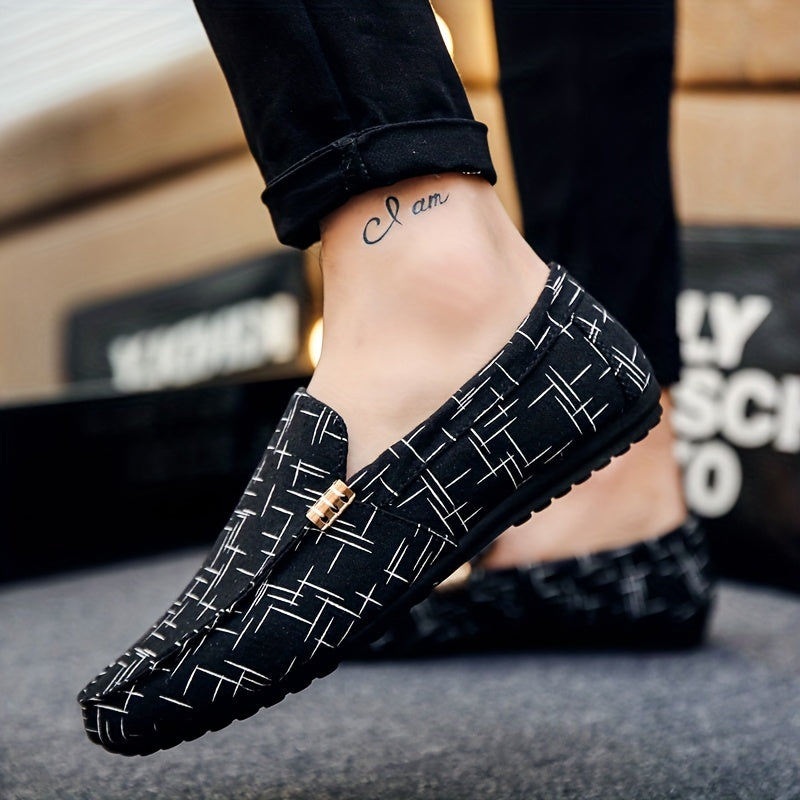Men's Mesh Slip-On Loafers with Black and White Geometric Pattern for Outdoor Wear