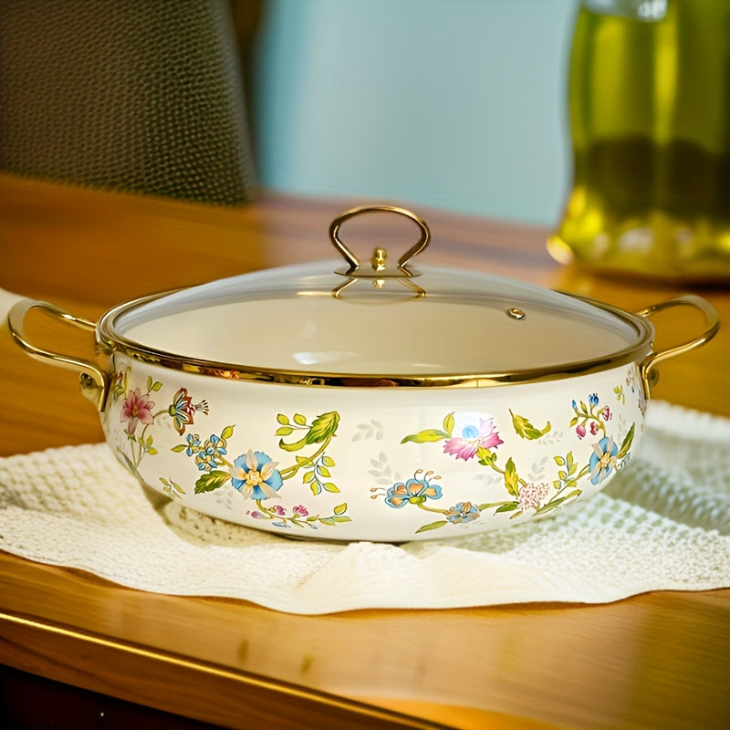 Enamel Porcelain Plate Set Three Flower Colors Golden Borders Kitchen Decor