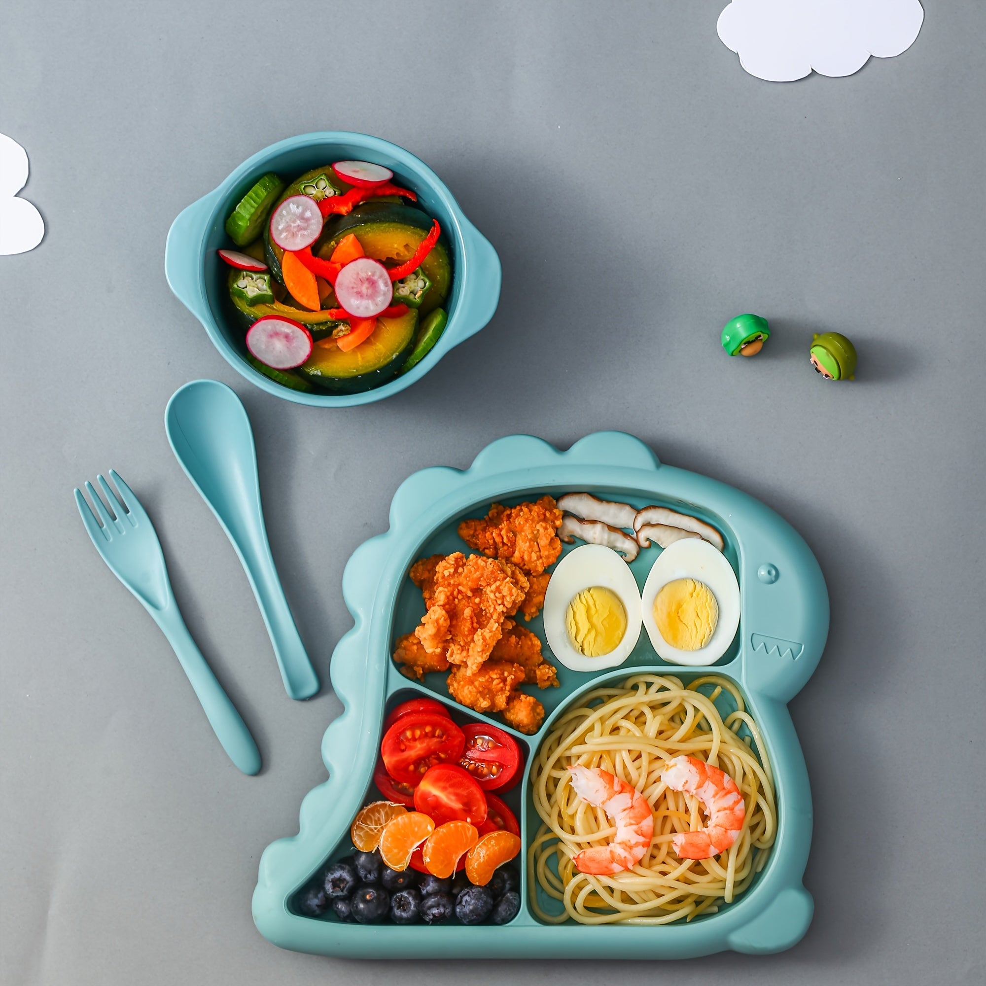 Children's Dinosaur-Shaped BPA-Free Plastic Dinnerware Set with Plate Bowl Fork Spoon