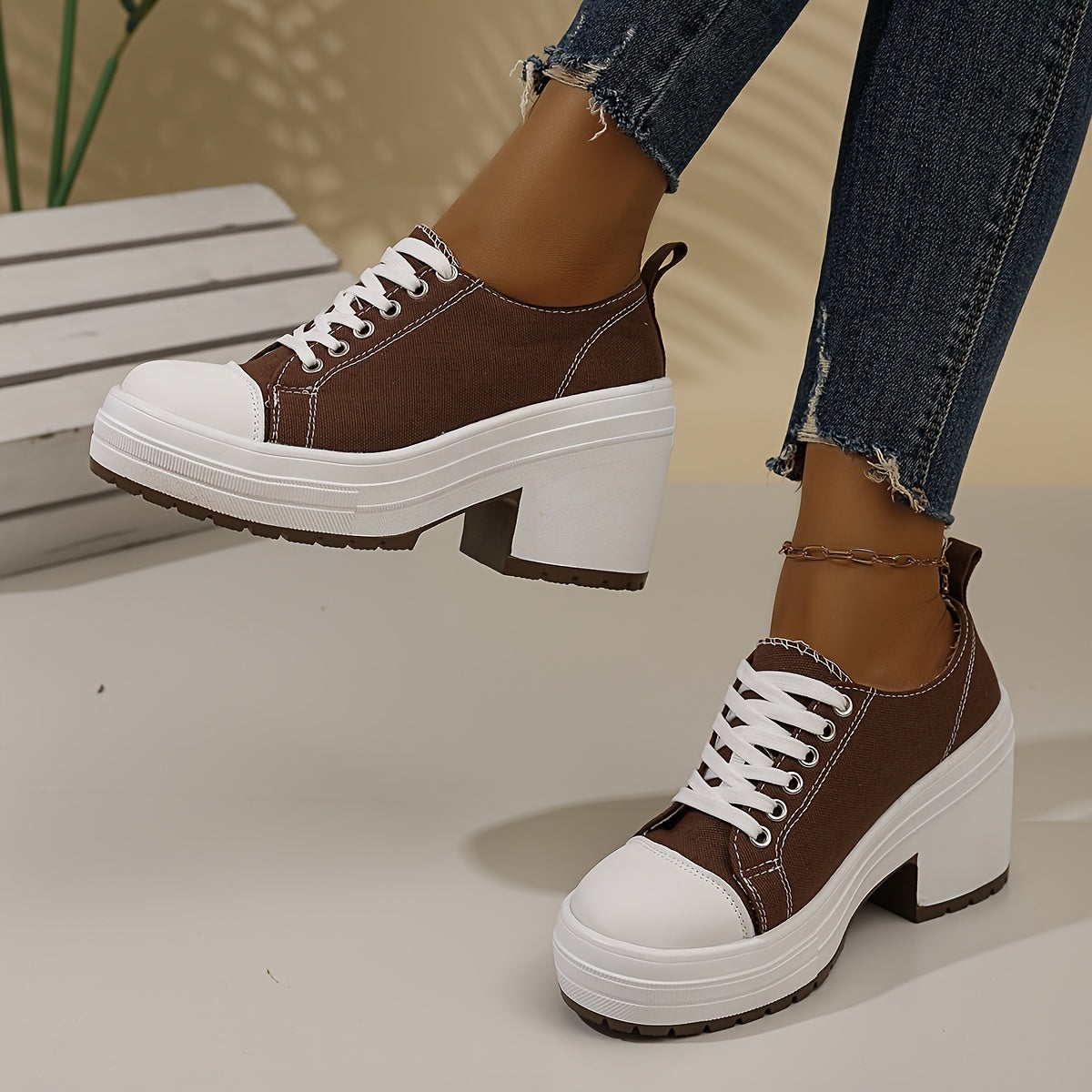 Women's Chunky Platform Shoes White Orange Colorblock Non-Slip PU All-Season