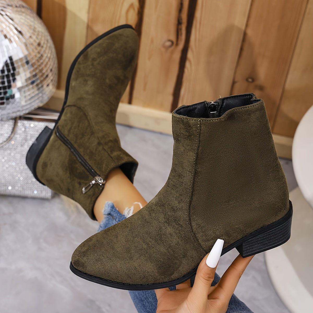 Women Solid Color Casual Ankle Boots Pointed Toe Zipper Block Heel