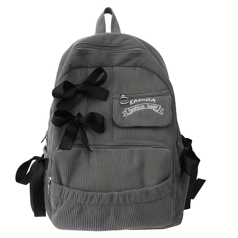 Ayollar uchun 1 dona korduroy bowknot ruksak, shirin uslub, chiziqli dizayn, sozlanadigan yelka tasmalari, noutbuk bo'limi, zip yopilishi, polyester astar, qo'l yuvish/quruq tozalash - Kundalik tasodifiy