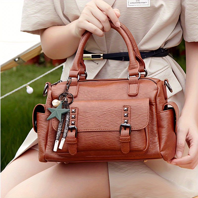 Bolsa de mano vintage para mujer de gran capacidad con cierre de cremallera, PU de color sólido para el trabajo