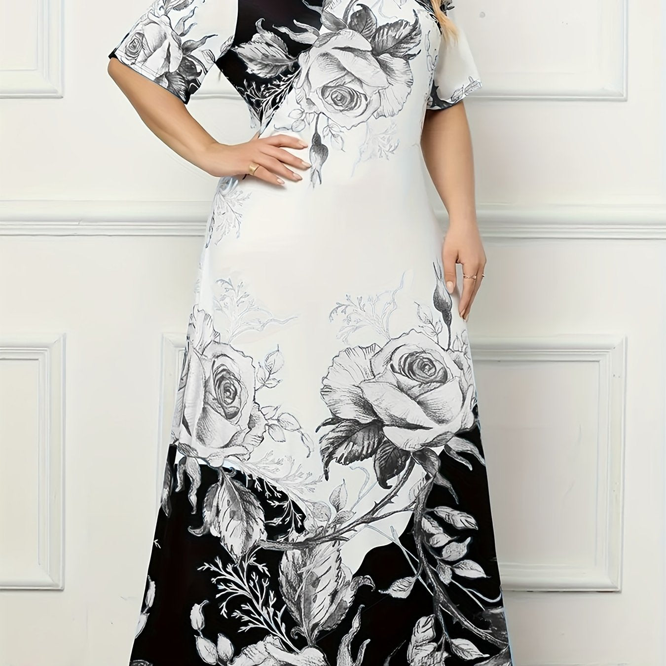 Plus Size Floral Print Dress for Women Spring Summer Short Sleeve Crew Neck Elegant
