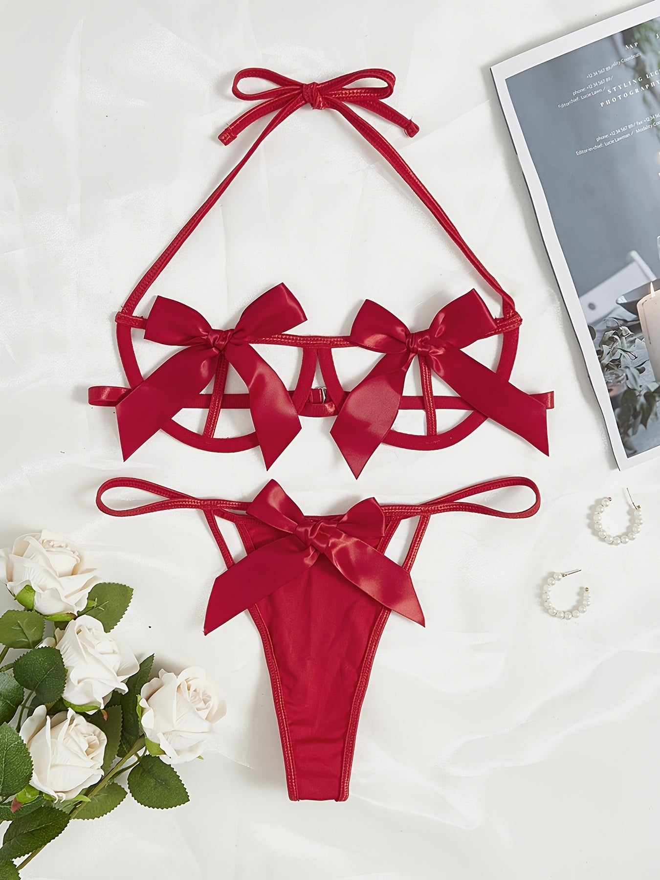 Women's Lace Lingerie Set with Bow, Soft Material, Comfortable Fit