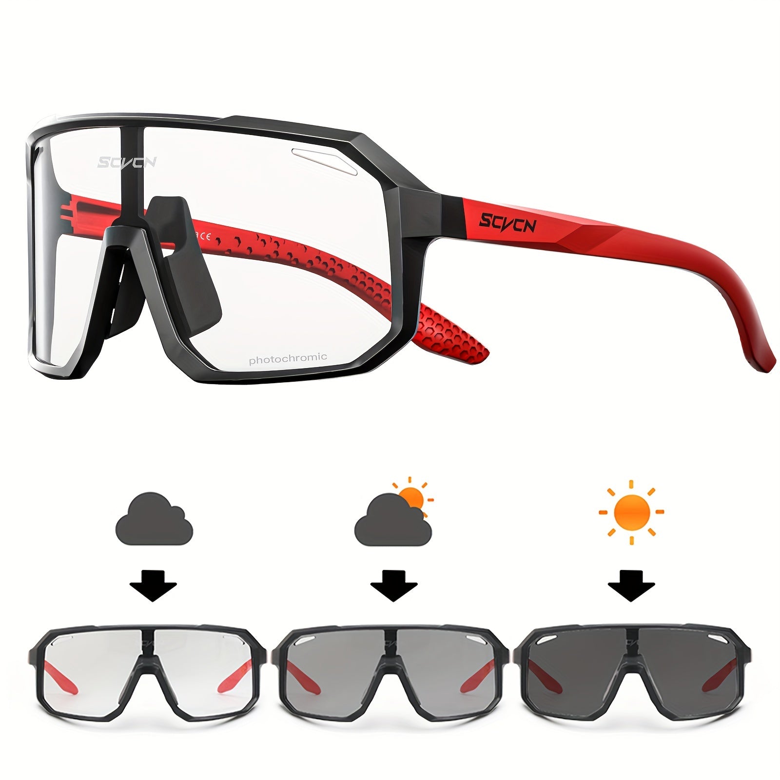 SCVCN Glasses equipped with photochromic lenses specially crafted for cycling, road driving, mountain running, and other outdoor sports. These glasses offer protection against wind for both men and women.