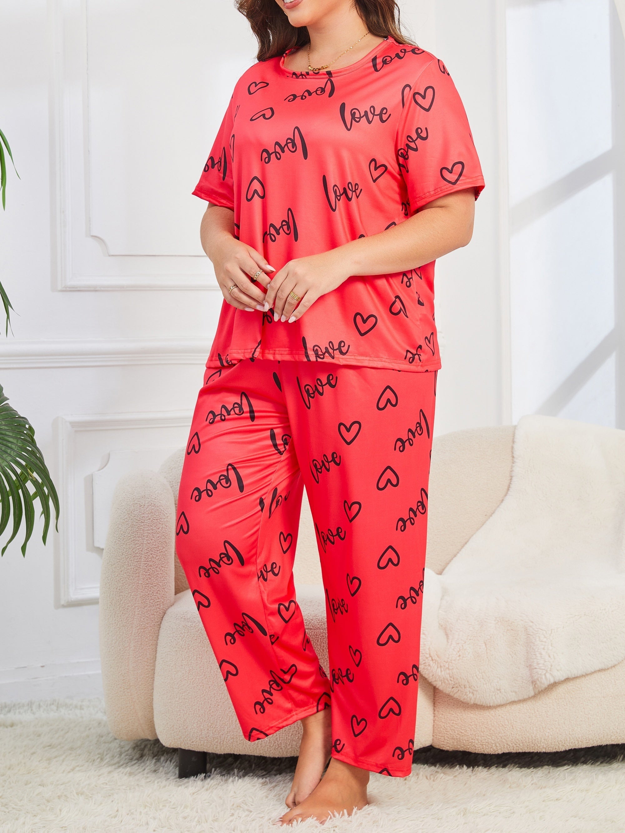 Women's Plus Size Letter Print Short Sleeve Pajama Set All Seasons