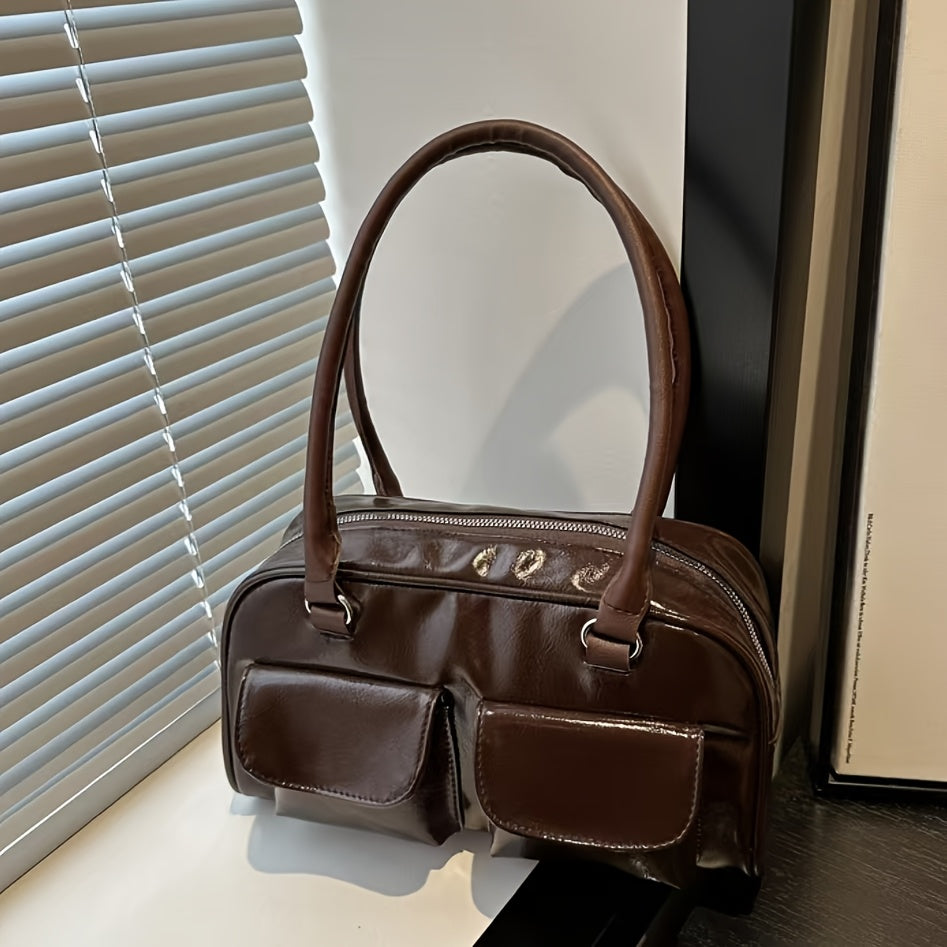 Zamonaviy ayollar uchun retro yelka sumkasi, katta sig'imli, porloq qoplama, zip yopilishi, bir rangda (qora/kolada/oq/ko'k). Ishga borish va har kuni foydalanish uchun ideal, yangilik sumkasi.