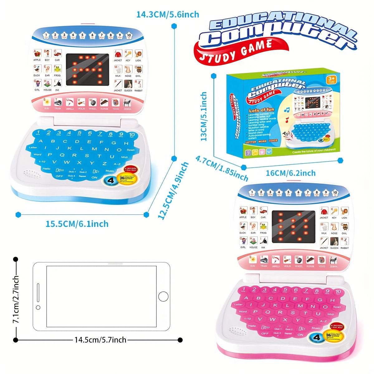 Mini Educational Laptop Toy for Kids 3+ with Letters Numbers and Music White Blue Pink