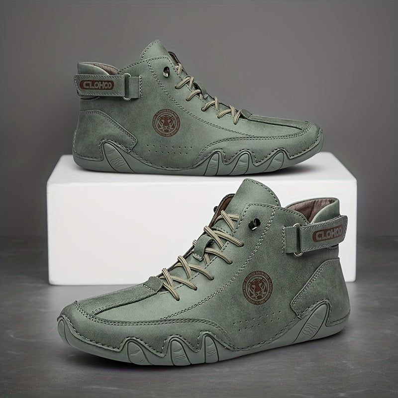 Men's Short Boots with Plush Lining and Hand-Stitched Octopus Design Casual PU High-Tops for All Seasons